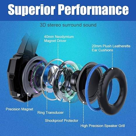 BENGOO G9000 Stereo Gaming Headset for PS4 PC Xbox One PS5 Controller, noise-cancelling microphone, bass surround sound, budget gaming headset, LED lighting